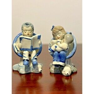 VTG Hummel like White & blue Porcelain figurines Boy reading Girl feeding baby